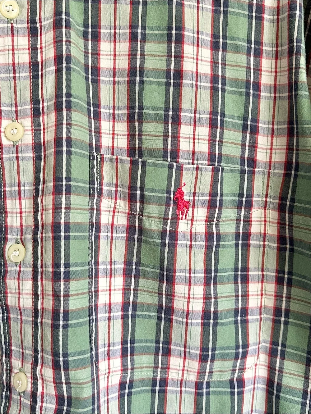 Vintage Polo Ralph‎ Lauren Men Preppy Green Plaid Short-Sleeve Button-Down Shirt